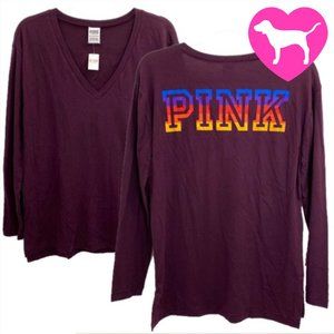 VS PINK Long Sleeve Rainbow Print Tee XS Eggplant